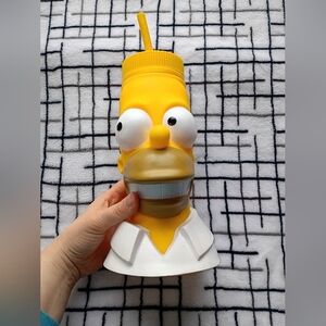 2010 Homer Simpson Plastic Cup W/ Lid And Straw Universal Studios Amazing Shape